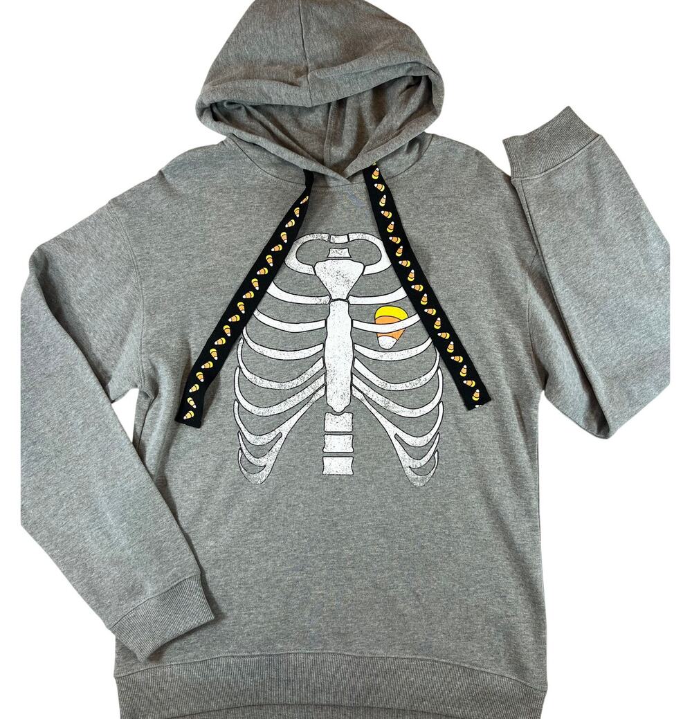 Modern Lux Halloween Skeleton Candy Corn Gray Hoodie Sweatshirt - Size Med - New